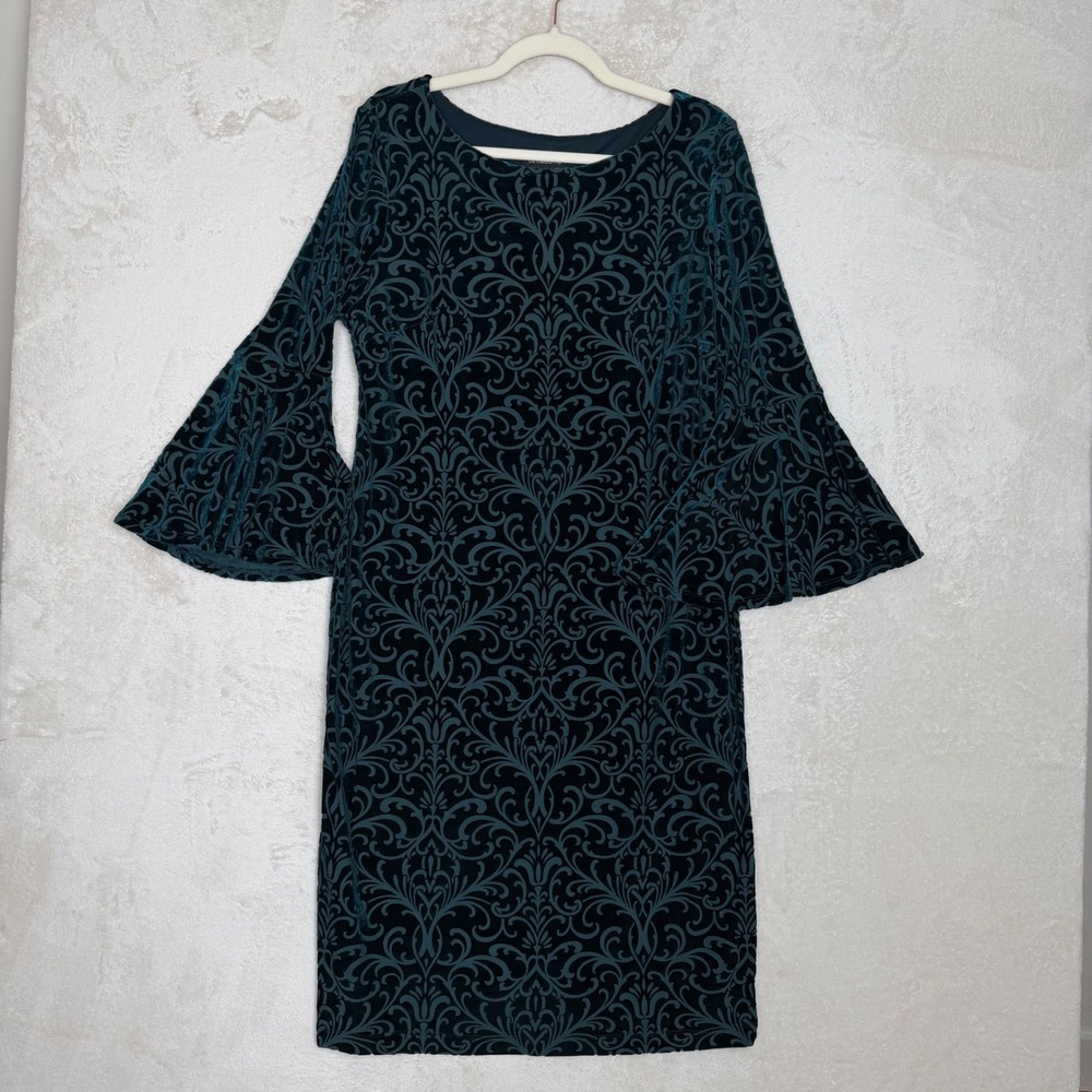 Liz Claiborne Teal Green Flocked Damask Velvet Bell Sleeve Sheath Dress 14 Jewel